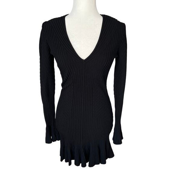 Jonathan Simkhai Black Rib Knit Dress Small Stretch V Neck Long Sleeve Luxury - Picture 6 of 8